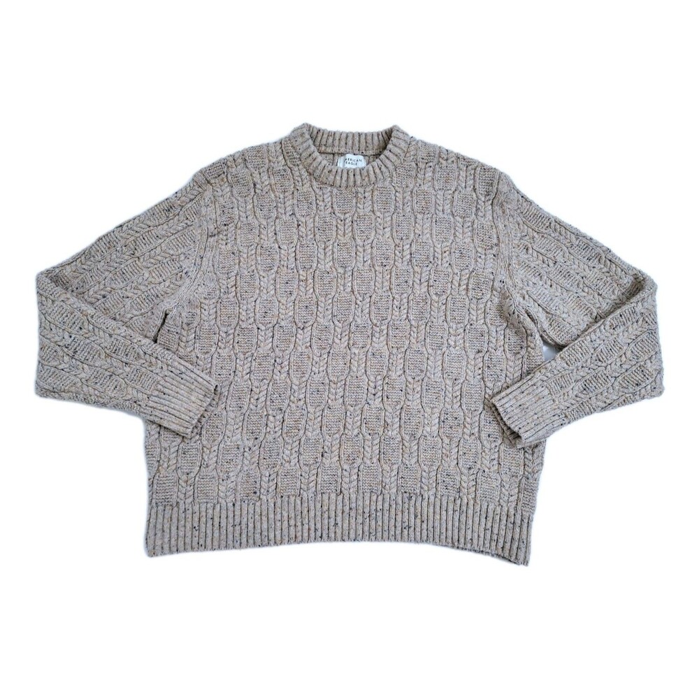 American Eagle Men's XL Fisherman Knit Sweater Chunky Cable Ivory Oatmeal